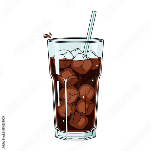 Refreshing iced coffee with ice cubes and straw in a tall glass, isolated on white background.