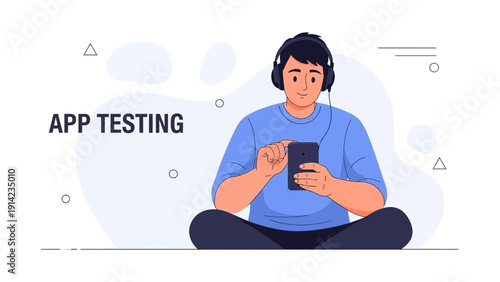 Man testing mobile app on smartphone with headphones, digital technology concept