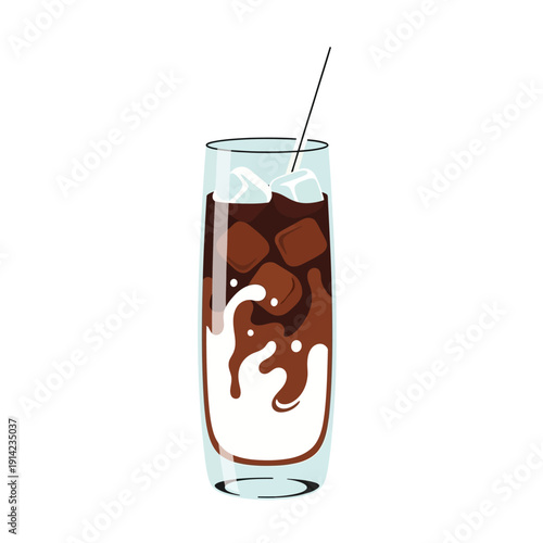 Refreshing iced coffee with milk and ice cubes in a tall glass with a straw, isolated on white background.