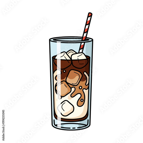 Refreshing iced coffee with milk and ice cubes in a tall glass with straw