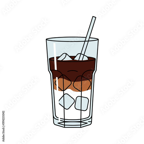 Refreshing Iced Coffee with Milk and Ice Cubes in a Tall Glass with Straw