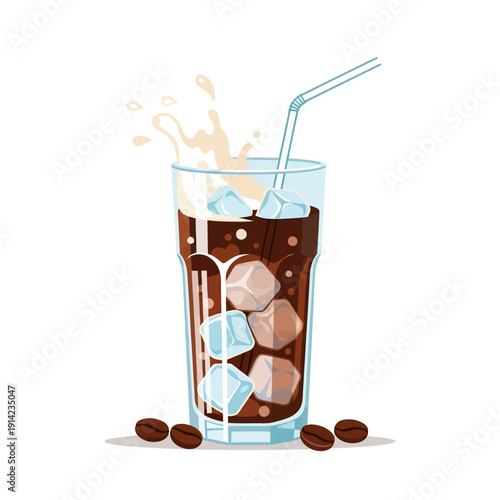 Refreshing Iced Coffee with Milk Splash and Coffee Beans