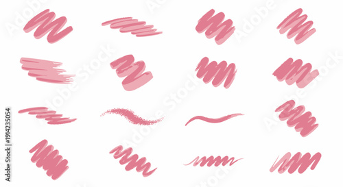 Collection of pink lipstick smudge marks and swirls on a digital canvas, showcasing various lip impressions and cosmetic designs from a close-up viewpoint