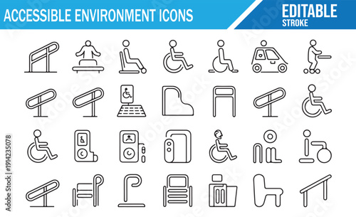 Line art icon set of accessible environment symbols, including wheelchairs, ramps, and parking signs, editable stroke vector collection.