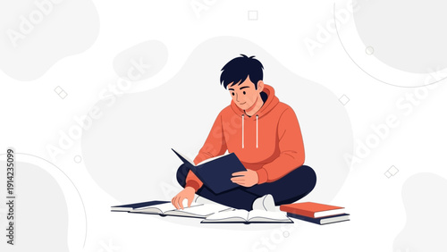 Student reading books, studying, learning, knowledge, education, young man sitting