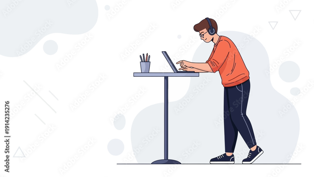 Fototapeta premium Young man with headphones working on laptop at standing desk, modern office illustration