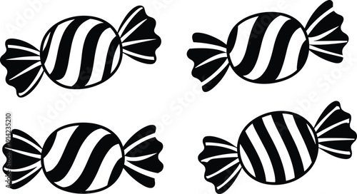 Vector illustration of candy silhouette collection—symbols for sweet treat, sugar snack, dessert design, confectionery art, striped wrapper, playful food, and festive representation