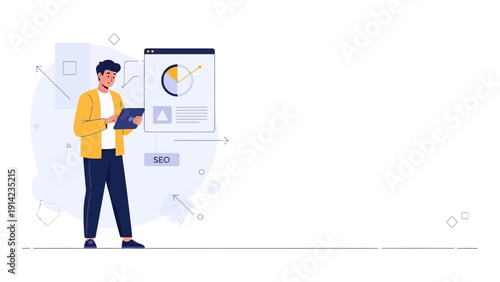 Man analyzing business data on tablet near marketing chart and SEO icon