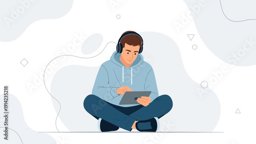Young Man Listening Music with Headphones and Using Tablet, Sitting Cross-legged
