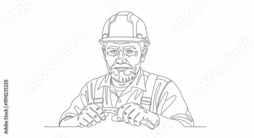 Line drawing of a bearded construction worker wearing a hard hat and safety glasses.