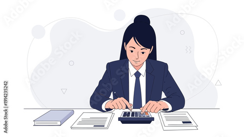 Woman accountant calculating finances at desk with calculator and documents
