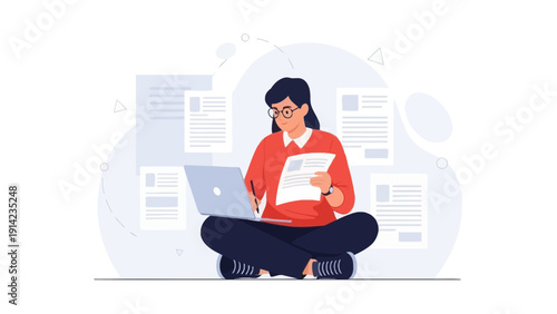 Young woman working on laptop and papers, online learning, remote work, flat illustration