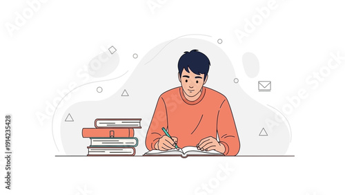 Young Man Studying and Writing in a Book with Stack of Books