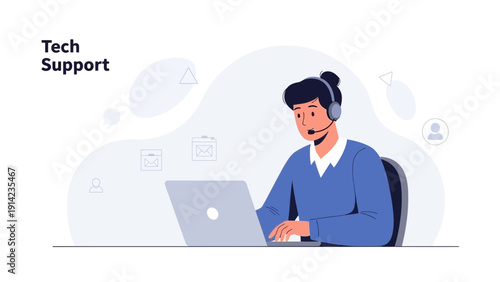 Tech Support Agent with Headset Working on Laptop, Customer Service Illustration
