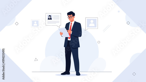 Man in Suit Reviewing Document, Online Profile Background, Business Concept