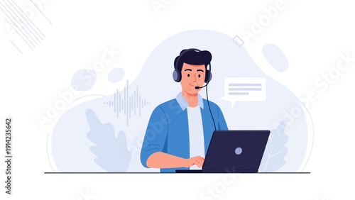 Man with headset working on laptop, customer support, online communication concept