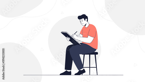 Artist drawing in a sketchbook, creative process, illustration, flat design