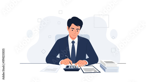 Accountant Calculating Numbers at Desk with Calculator and Documents