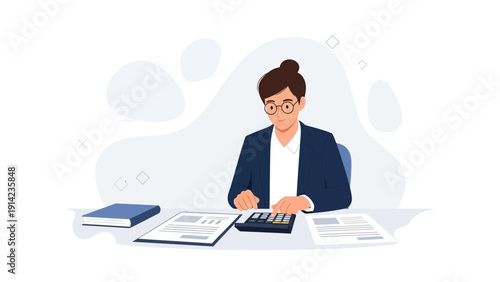Accountant working with calculator and documents at desk, business illustration