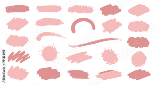 Collection of pink metal washers and abstract shapes arranged in rows on a clean background viewed from directly above in a detailed illustration.