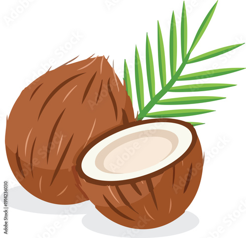 Tropical Coconut Delight: A close-up showcases a fresh coconut, both whole and sliced open, with a refreshing green frond. It's a visual treat that celebrates the essence of tropical bounty.