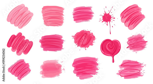 Collection of pink paint brush strokes and heart illustration on a digital canvas, showcasing various artistic textures and designs.
