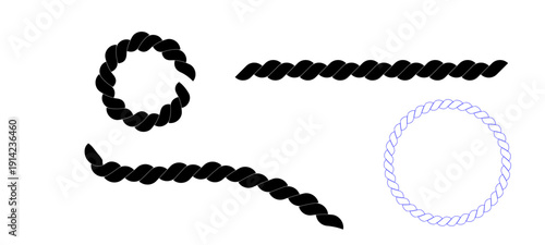 Rope collections isolated PNG. Brushes rope patterns, hand drawn vector black and white background