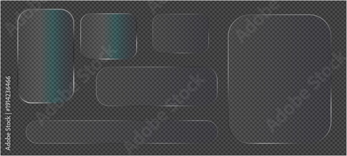 Liquid Glass UI Interface Isolated. White Transparent Frame Square and Circle Banner with Shine Stroke. black and white background