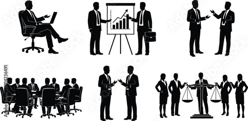 Business People Silhouettes Set with Meeting, Presentation, Teamwork and Legal Balance Concept Vector Illustration