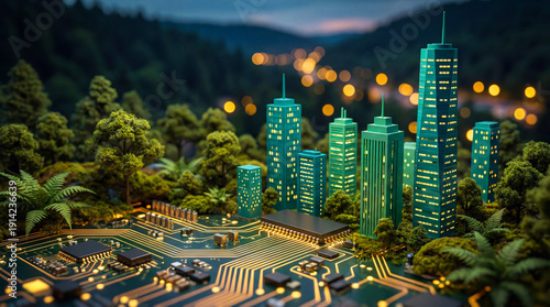 Modern eco smart city rising from forest on digital motherboard concept
