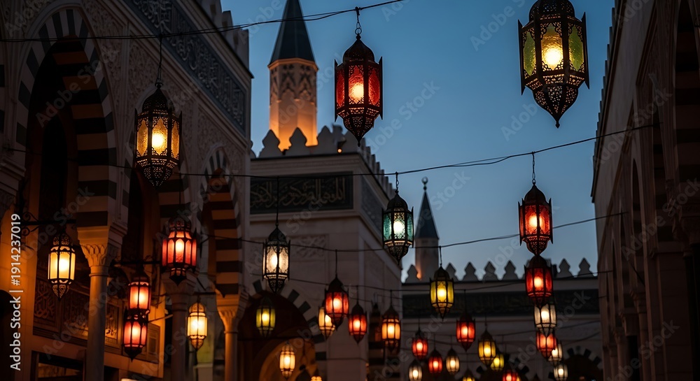 Fototapeta premium A mosque is beautifully lit up with colorful lanterns at dusk