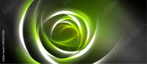 Abstract swirls, vibrant green hues, bright white lines create dynamic energy. Dark background emphasizes glowing center.