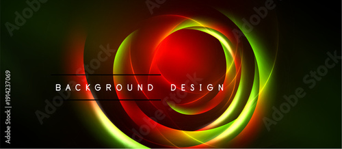 Abstract design features vibrant concentric circles. Red center glows, surrounded by green, yellow light against black backdrop. Modern, dynamic composition.