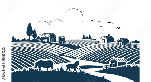 Farm landscape with cow and barns in flat illustration style
