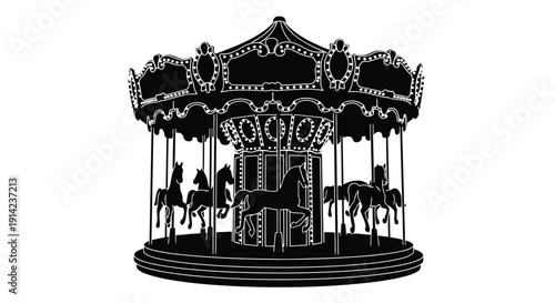 Black silhouette of a merry-go-round with horses against a white background