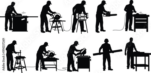Carpenter and Woodworking Silhouettes Set with Power Tools, Sawing, Cutting and Workshop Equipment Vector Illustration