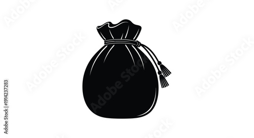 Black silhouette of a drawstring pouch with tassel on a white background