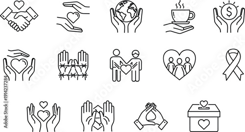 Charity and Donation Line Icons Set with Helping Hands, Heart and Support Symbols