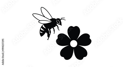 Black silhouette of a bee flying towards a flower, minimalist flat design