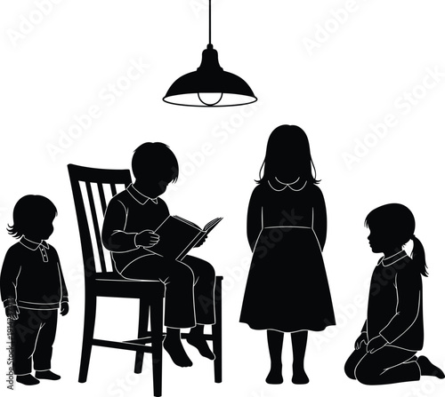 Children Listening to Story Time Silhouette Set Kids Reading Under Hanging Lamp Illustration