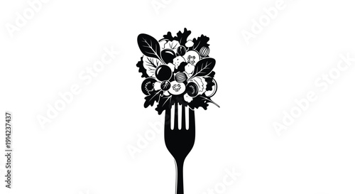 Black silhouette fork with floral arrangement on white background