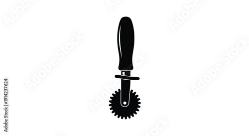Black silhouette of a pizza cutter with a gear-shaped blade on a white background