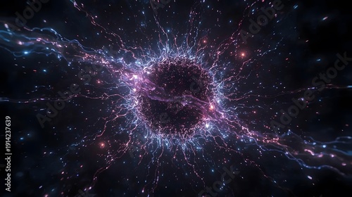 A powerful 3D render of a dark celestial void surrounded by vibrant purple lightning bolts, glowing stardust, and energy flares against an infinite space background