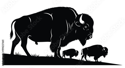 Large bison standing with two smaller bison on a grassy hilltop in silhouette