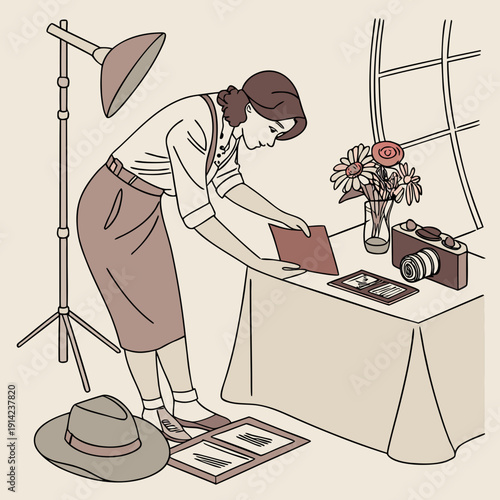 Focused Woman Stylist Carefully Arranging Various Photography Props on a Wooden Table for a Creative Project or Professional Shoot