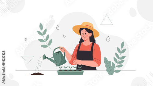 Woman watering plants with watering can, gardening, growing seedlings
