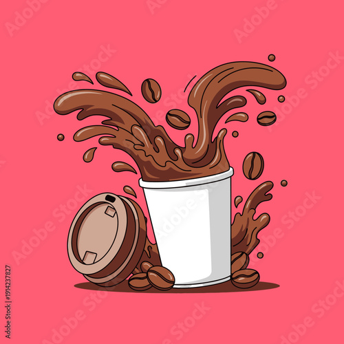 Coffee Splash Explosion from Paper Cup with Beans, Dynamic Breakfast Beverage