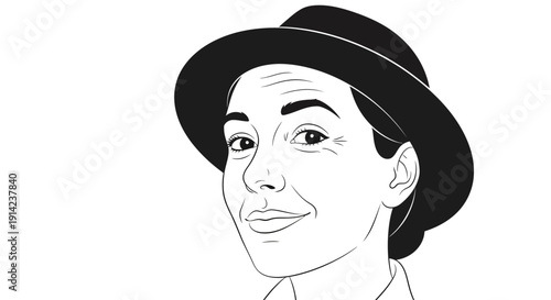 Black and white illustration of a smiling woman wearing a hat.