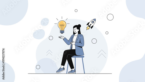 Woman with Lightbulb and Rocket, Symbolizing Ideas and Startup Success