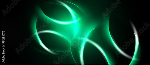 Abstract green energy flows, luminous curves, dark background. Brightness creates dynamic visual effect, modern design.